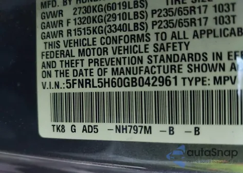 2016 Honda Odyssey Ex-L from USA, damaged, VIN 5FNRL5H60GB042961